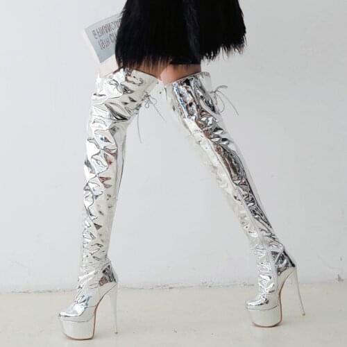 Autumn Winter Thigh Boots Lady Stage Mirror Patent Leather Cross Tied Fashion Zipper Boots Lady Platform Super High Heel shoes