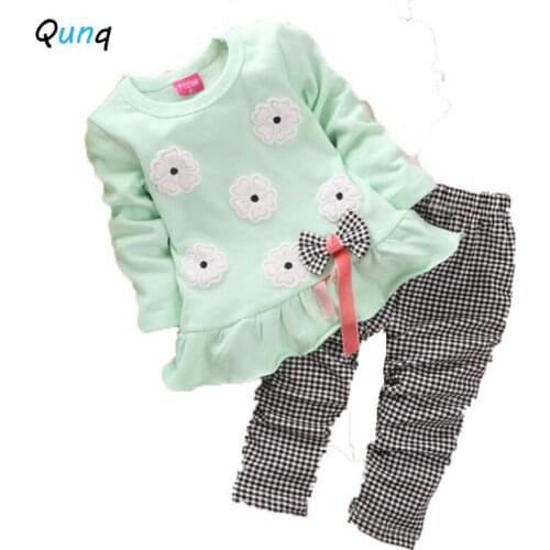 1 2 3 Year Baby Girls Clothes Spring Fall Long Sleeve Flower Shirts Plaid Pant Kids Suits Casual Cotton Children Clothing Set