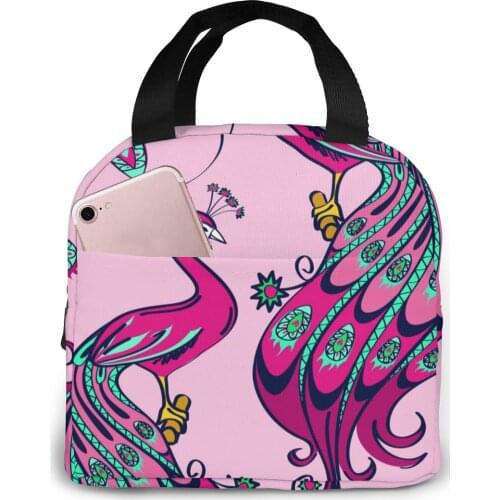 Purple Peacocks Pattern Lunch Food Box Bag Fashion Insulated Thermal Food Picnic Lunch Bag for Women kids Men Cooler Tote Bag