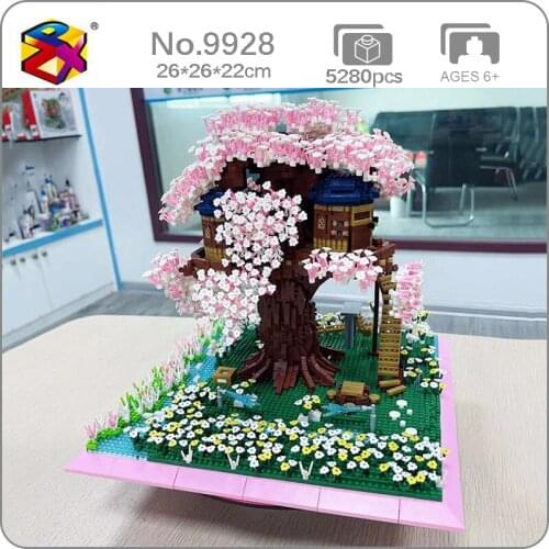 PZX 9928 World Architecture Sakura Tree House Flower Garden Lake Mini Diamond Blocks Bricks Building Toy for Children no Box