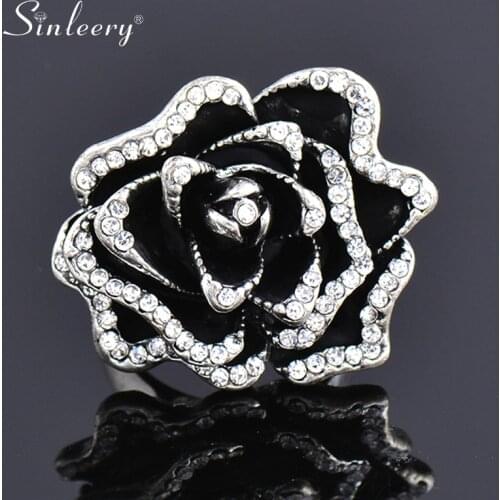 SINLEERY 2021 New Arrival Solid Big Black Flower Ring On Finger Vintage Jewelry For Women JZ161 SSK