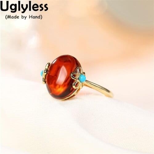 Uglyless Bohemian Ethnic Turquoise Rings for Women Natural Blood Red Amber Rings Vintage Gold Exotic Jewelry 925 Silver Bijoux