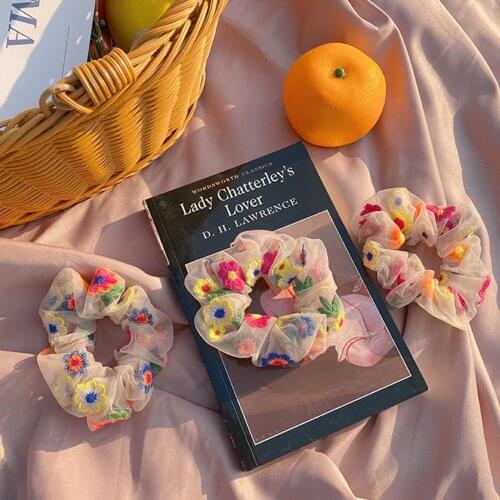 Korea Chic Colorful Embroidery Flower Transparent Net Yarn Elastic Hair Bands for Women 2020 Spring Hair Accessories