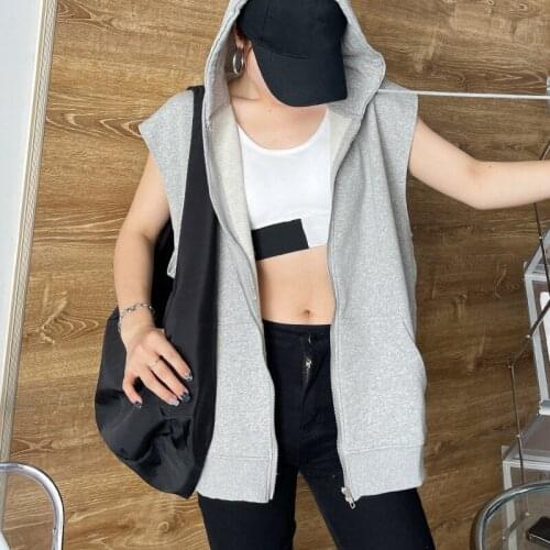 Women Casual Hooded Jacket Coat Large Size 2021 Fall Female Simple Oversize Zip Up Tank Hoodies Sleeveless