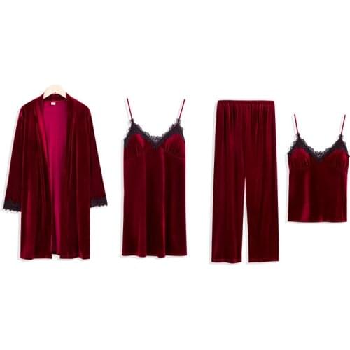 4-Pieces Women Velour Sleepwear Solid Long Sleeve Pajamas Pijama Set Autumn Winter NEW Home Clothes Casual Nightwear Suit ML XL