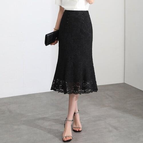 Korean Style High Waisted Black Lace Fishtail Skirts for Women Summer Elegant Vintage Slim Casual Mid-long Bodycon Skirt 2125