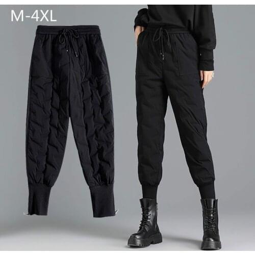 Women Casual Thickened Loose Black Pants Warm Sport White Duck Down Harem Pants 200