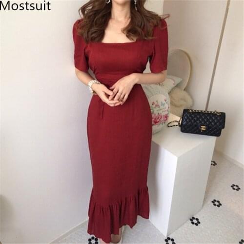 2020 Summer Solid Korean Vintage Sashes Long Mermaid Dress Women Short Sleeve Squre Collar Fashion Elegant Party Dresses Vestido
