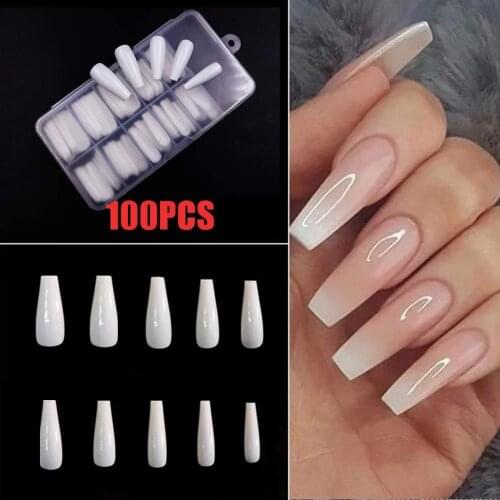 100Pcs Transparent/Natural Coffin Long Fake Nail Art Tip Ballerina False Fingernail Flat Shape Full Cover Manicure Decor