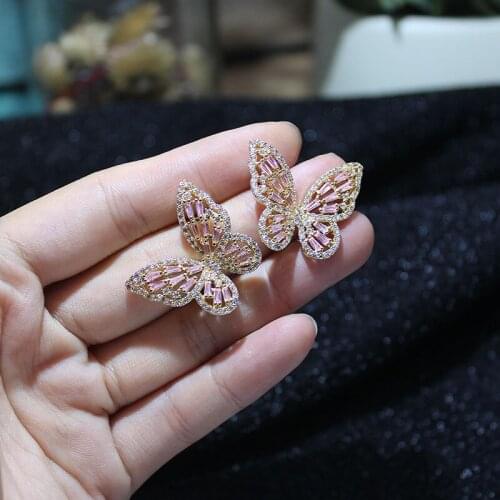 14K Gold Plated Filled Butterfly Stud Earrings for Women Delicate Cubic Zircon CZ Earrings Wedding Jewelry