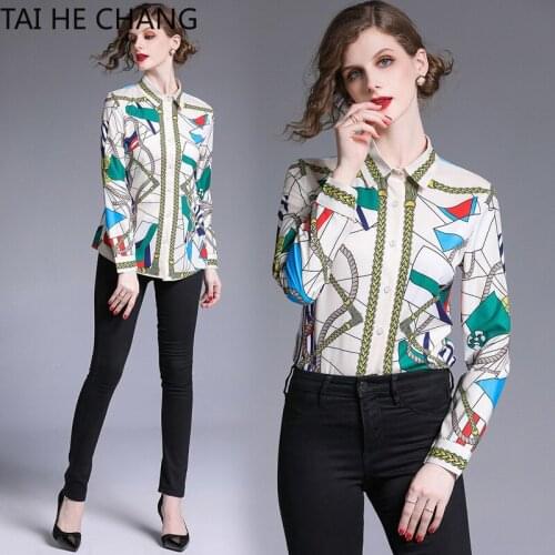 2019 New Tops Summer Fashion Retro Casual Shirt Long Sleeve Print Vintage Work Office Blouses Shirts Women