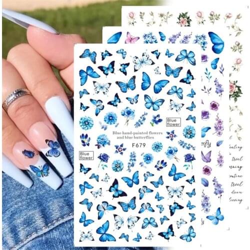 3D Laser Butterfly Nail Stickers Gradient Colorful Butterfly Rose Hydrangea Nail Sliders Decal For Manicure DIY Nail Decoration