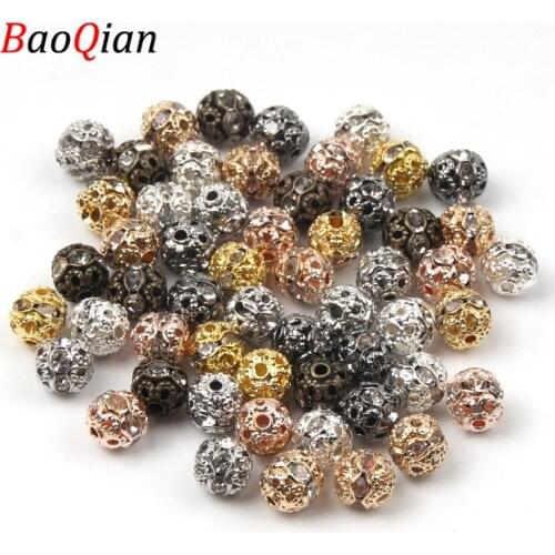 50Pcs/lot 8mm Metal Plated Crystal Rhinestone Round Ball Loose Spacer Beads For Jewelry Making DIY Bracelet Necklace