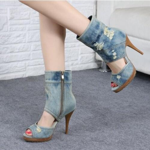 Free shipping cowboy boots light blue denim cut-outs summer boots girls casual shoes stiletto heels platform ankle boots booties