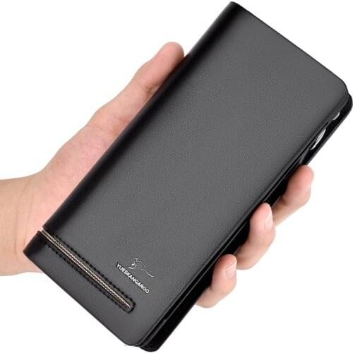 KANGAROO Brand Men Clutch Bag Leather Long Purse Cell Phone Coin Pocket Double Zipper Business Wallet Black Brown Male Handy Bag