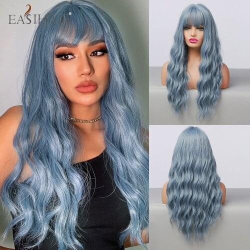 EASIHAIR Long Water Wave Synthetic Wigs with Bangs Mixed Blue Heat Resistant Colorful Fiber Hair Cosplay Lolita Wigs for Women