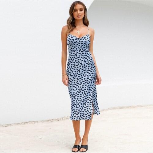 Elegant Adjust Spaghetti Straps Vestido Blue Leopard Print Women Sexy Midi Dress Vintage Elastic Bust Side Split Women Vestido