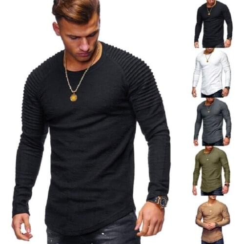 New fashion pleated shoulder bamboo pattern mens long sleeved T-shirt mens round collar cotton shirt solid color T-shirt