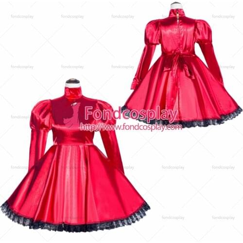 Sissy Maid Dress Gothic Lolita Punk Red Satin Dress Lockable Uniform Cosplay Costume Custom-made[G504]