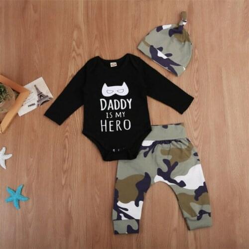 2020 New Baby Spring Autumn Clothing Newborn Baby Boys Long Sleeve Letter Bodysuit Jumpsuit Camo Pants Hat 3Pcs Outfits Clothes