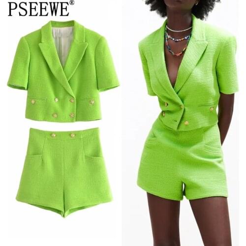PSEEWE Za Two Piece Set Women Sets 2021 Green Cropped Blazer Jacket With Shorts Suit High Waist Shorts Summer Elegant Woman Set