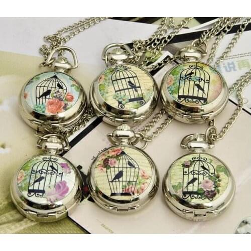 Fashion women silver enamel bird cage pocket watch necklace birdcage drawing hour clock wholesale buyer price good antibrittle