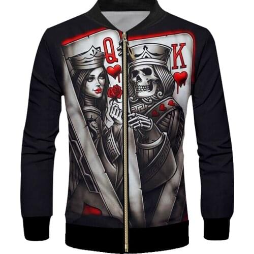 UJWI Hip Hop Long-sleeved Zipper Mens 3D Poker Queen King Skull Custom Printed Black Jacket Man Casual Oversized Coat Wholesale