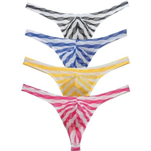 Mens Bluge Pouch Thongs Unique Stripe Jacquard Mesh G-Strings Underwear Jockstrap Tanga