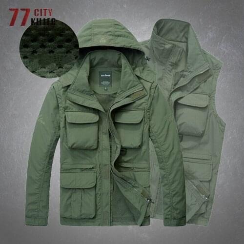 Mens Tactical Jackets Quick Dry 2-in-1 Tops Outdoor Breathable Waterproof Multi Pockets Hooded Windbreaker Military Coats Male