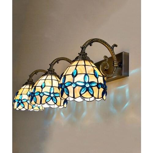 Mediterranean sea lilac wall lamp mirror lights. crystal shell stained glass makeup lights bedroom bedside lamp LED bulb