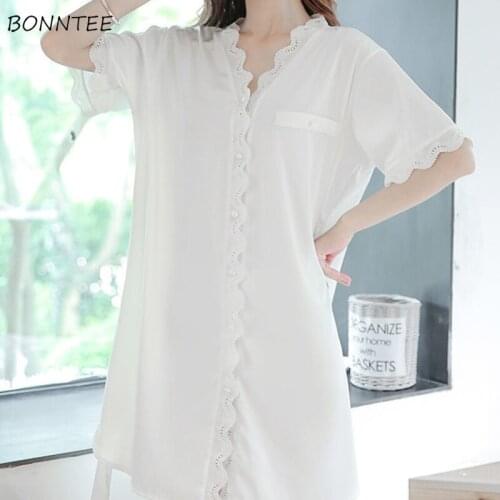 Nightgowns Women Sexy Deep V-neck Lace Summer Sleepwear Half Sleeve Nightwear Home Loose Solid Korean Style Fashion Soft Elegant