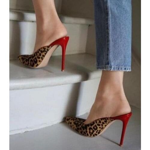 Sexy Leopard Pointed Toe High Heels Mules Cut-out Red High Heels V Style Women Dress Shoes Banquet Night Club Shoes For Girls