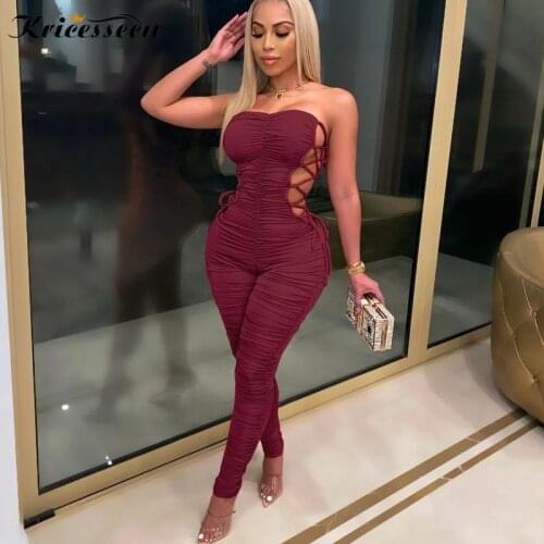 Kricesseen Sexy Strapless Side Lace Up Long Pant Jumpsuit Women Overalls Bandage Skinny Bodycon 2020 Workout Stacked Rompers