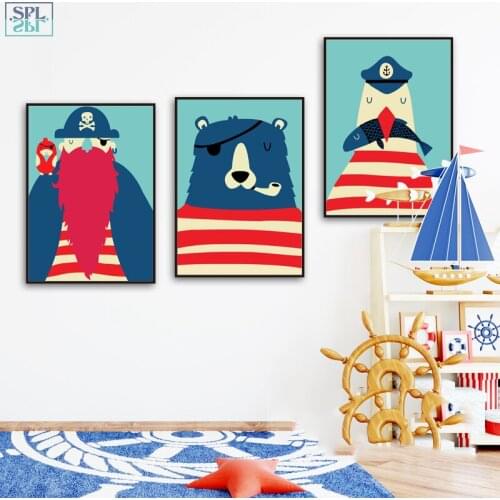 SPLSPL Cute Cartoon Animals Wall Art Picture for Kids Room Pirate Bear Canvas Print Painting Posters Home Decor No Frame