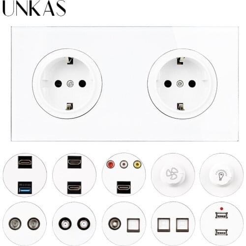 UNKAS Dual EU White Glass Panel Socket + HDMI-Compatible USB TV RJ11 Telephone RJ45 Computer Dimmer Fan Regulator 172MM Switch