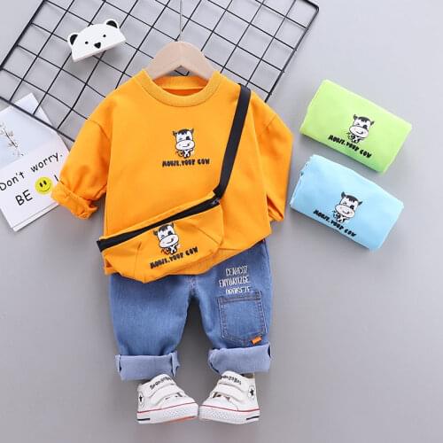 Spring Children Boys Girsls Clothing Cotton Bag Long Sleeve Cartoon Cow Sets Kids Clothes Tracksuit Baby T-Shirt Pants 2 Pcs/Set