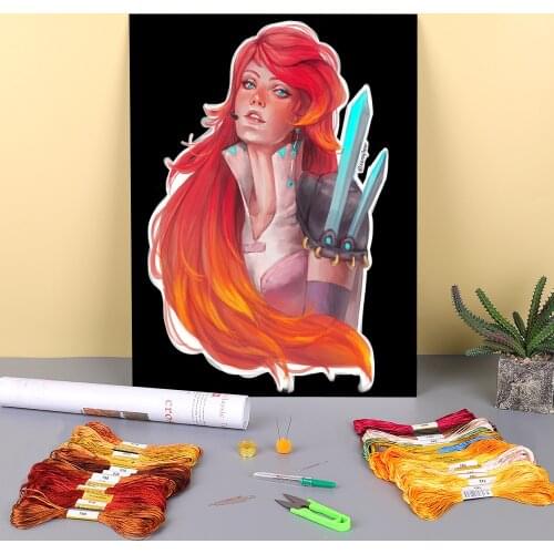 Cartoon Girl Woman Printed Water-Soluble Canvas 11CT Cross Stitch Full Kit DIY Embroidery DMC Threads Handmade Design