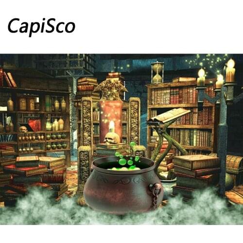 Capisco Halloween Photography Backdrop Witch Magic Cauldron Bookshelf in Spooky Room Party Background Photo Studio Booth Props