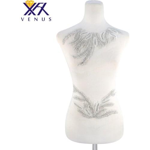 XINFANGXIU Handmade Beaded Crystal Patches Sew on Rhinestones Bridal Applique Designs Patches Sewing for DIY Wedding Dress Trim