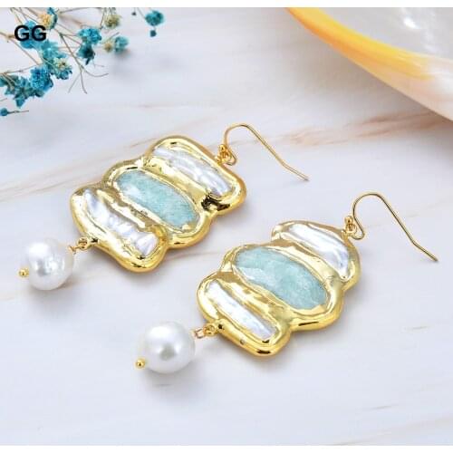 GuaiGuai Jewelry Cultured White Biwa Pearl Green Amazonite White Keshi Pearl Dangle Hook Earrings