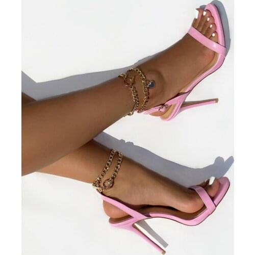 2021 summer new fashion sexy roman style hollow open toe chain buckle solid color female sandals Stiletto super high heel