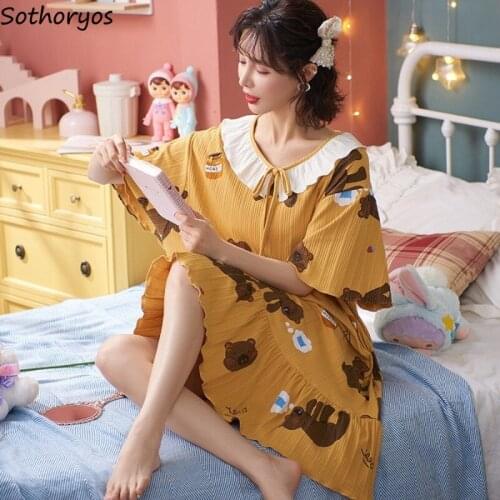 Summer Sleepshirts Women Lovely Baggy Cozy Mid-calf Printed Teenagers Fashion Nightgowns Large Size M-3XL Females Lounge Popular