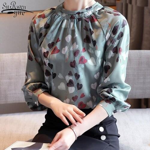 2021 Womens Tops and Blouses Long Sleeve Shirt Women Print Shirts Casual Sweet Autumn Green Silk Chiffon Blouses Blusas 10741