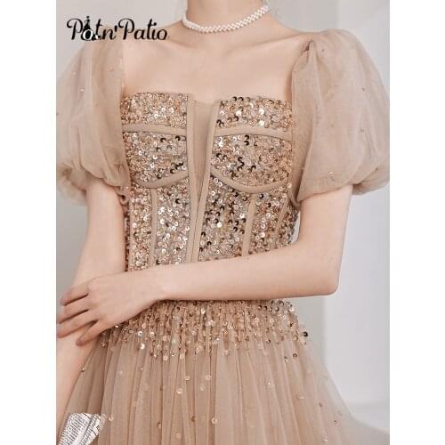 Elegant Square Neck A-line Floor-length Luxury Handmade Beaded Sequined Tulle Plus Size Women Evening Dresses For Formal Party