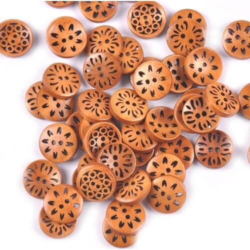 18mm 50Pcs Mixed Hollowed Brown Wooden Buttons DIY Clothes Handmade Crafts Scrapbooking Sewing Accessories Embellishments m2670