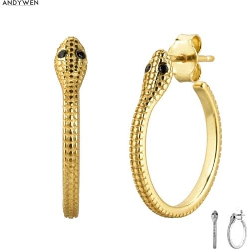 ANDYWEN 925 Sterling Silver Gold Animal Snake Circle Hoops Women 17mm Big Loops Huggies 2020 New Piercing Ohrringe Jewelry