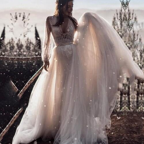 Eightale Bohemian Wedding Dress 2020 V-Neck Long Sleeves Lace Wedding Gown White Summer Boho Bride Dress vestidos de novia