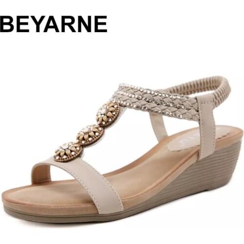 BEYARNE Summer Women Sandals Wooden Bead Water Drill Bohemia Wedges Shoes for Women Solid color Breathable Female Shoes