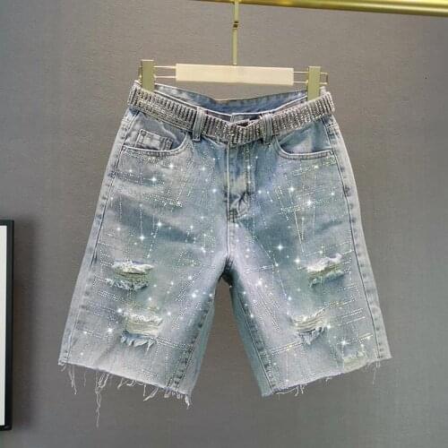 Thin Denim 5-point Breeches 2021 Summer Clothes New Loose High Waist Thin Heavy Industry Hot Drilling Hole Shorts