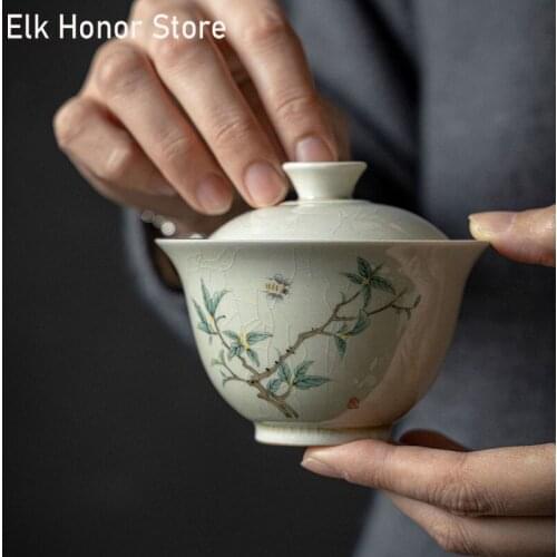 Chinese Style Retro Ru Kiln Tea Tureen Hand-painted Sancai Cover Bowl Kung Fu Tea Set Chinese Tea Bowl With Cover